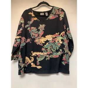 Additions by Chico's Knit Top Women Size 3 Black Multi Floral Paisley Excellent